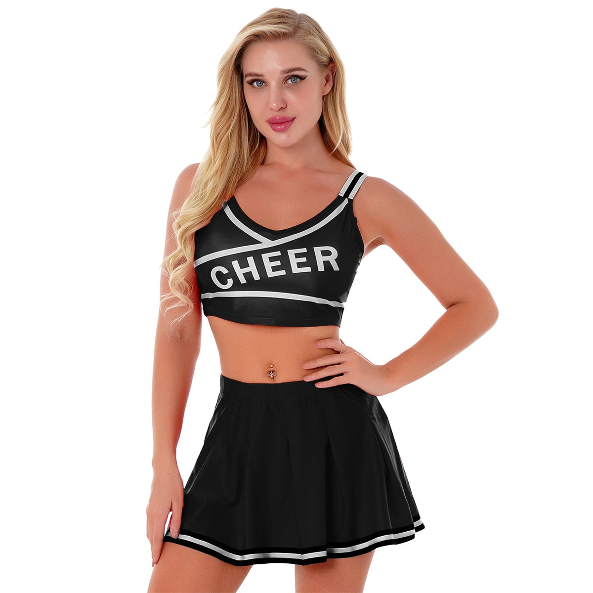 Two-piece cheerleader cosplay lingerie set from The Clothing Company Sydney, featuring a novelty Halloween costume with matching top and bottom.