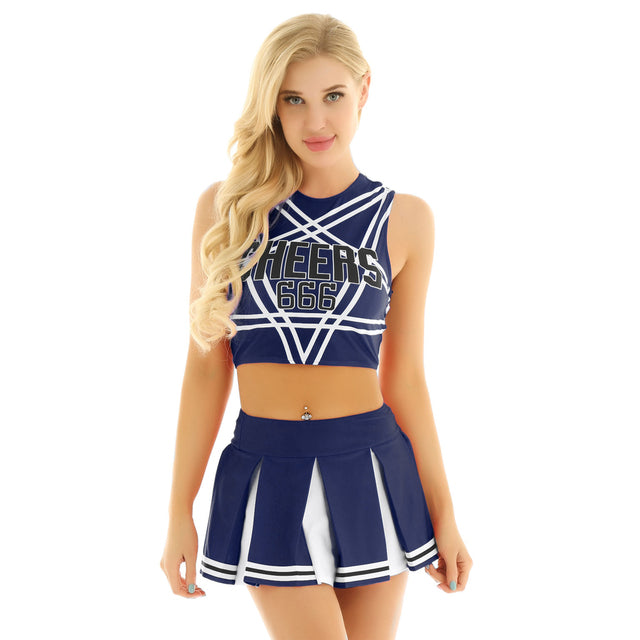 Two-piece cheerleader cosplay lingerie set with Halloween costume style from The Clothing Company Sydney, featuring bright colors and sporty design.