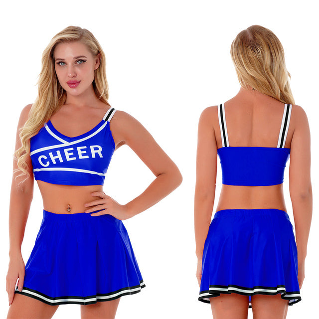Two-piece cheerleader cosplay lingerie set from The Clothing Company Sydney, featuring a playful Halloween costume design.
