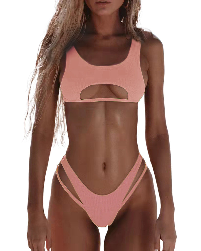 Hollow out high cut swimsuit by The Clothing Company Sydney featuring solid color, fashionable beach bikini set.