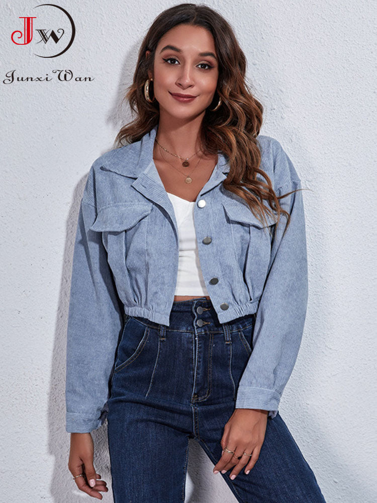 Loose fit Autumn Spring short corduroy jacket with turn-down collar and long sleeves, stylish outerwear from The Clothing Company Sydney.