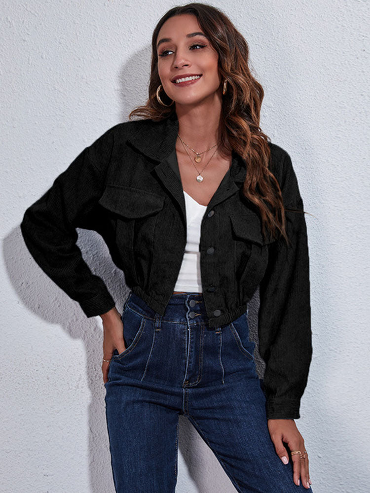 Loose-fit corduroy spring and autumn jacket with turn-down collar and long sleeves, from The Clothing Company Sydney.