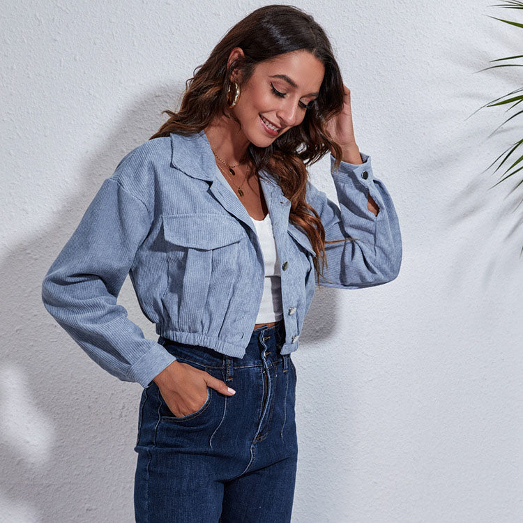Loose fit autumn spring short corduroy jacket with turn-down collar and long sleeves, stylish outerwear by The Clothing Company Sydney.