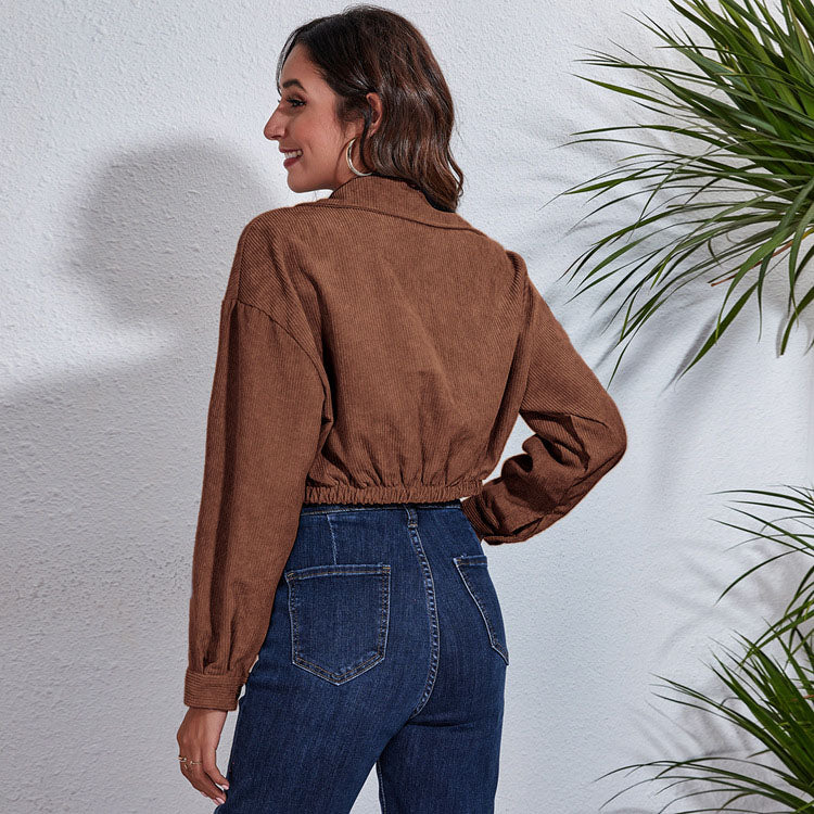 Loose-fit autumn spring short corduroy jacket with turn-down collar and long sleeves, designed for casual outerwear.