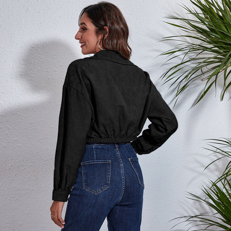 Loose fit autumn spring short corduroy jacket with turn-down collar and long sleeves from The Clothing Company Sydney.