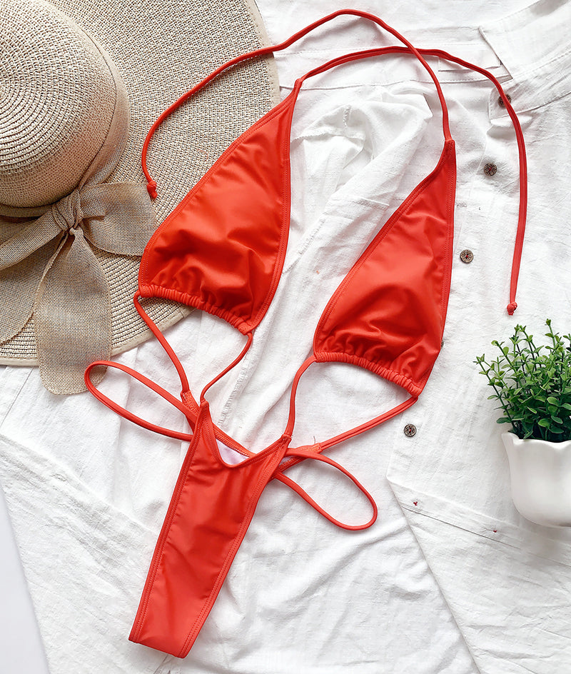 Backless high cut out G-string one-piece swimsuit by The Clothing Company Sydney featuring a micro thong design and stylish swimwear look.