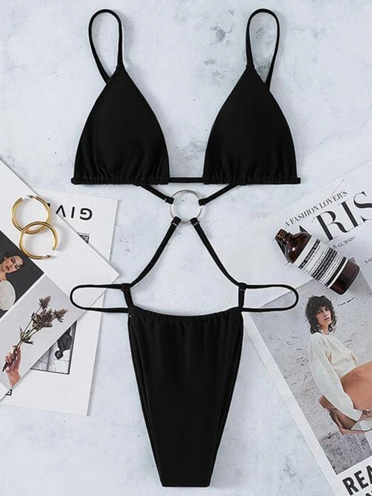 Backless high cut out g-string one-piece swimsuit by The Clothing Company Sydney, featuring a micro thong design and sleek swimwear style.