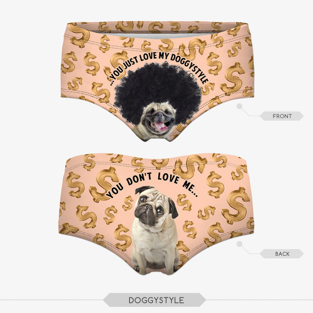 Three pairs of 3D humorous printed knicker panties from The Clothing Company Sydney featuring playful designs.