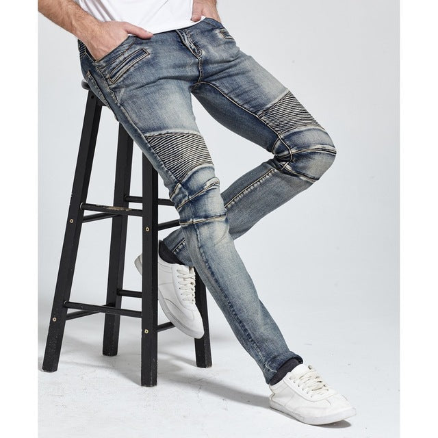Biker skinny stretch casual jeans from The Clothing Company Sydney, close-up of fitted denim pants with detailed stitching.
