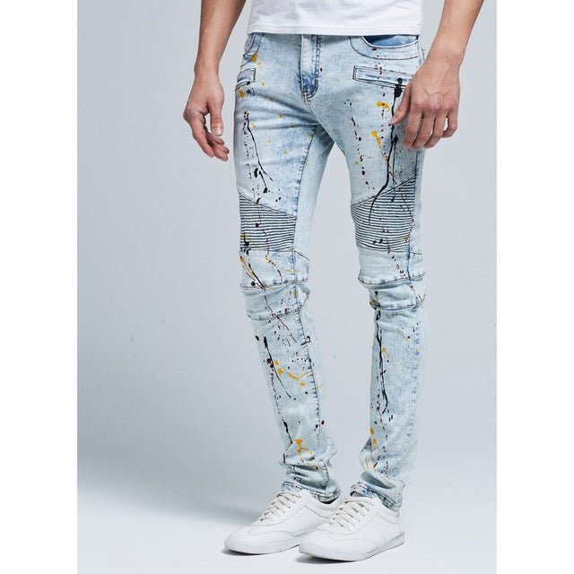 Black biker skinny stretch casual jeans from The Clothing Company Sydney, showing a close-up of the fitted, stylish pants.