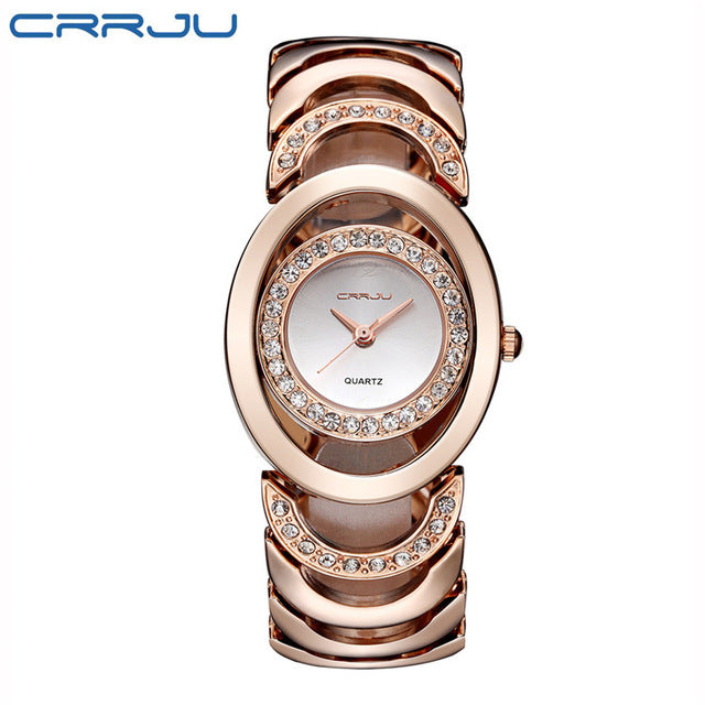 Ladies' luxury stainless steel bracelet watch with rhinestones and quartz movement, stylishly designed by The Clothing Company Sydney.