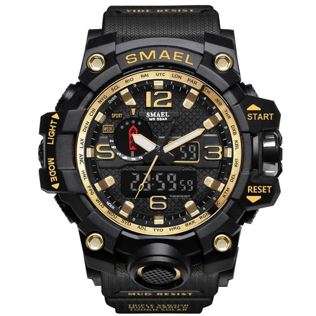 Men's Sports Quartz Wristwatch with dual analog and digital displays, waterproof design, ideal for swimming and military use.