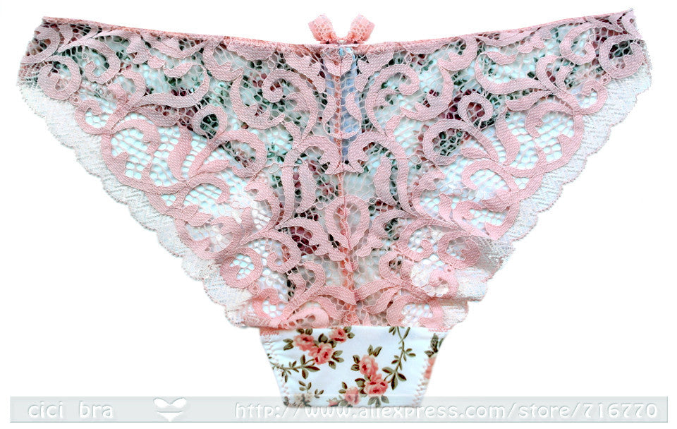 Silk lace floral push-up bra and hollow-out panties set from The Clothing Company Sydney, featuring bow accents and delicate detailing.
