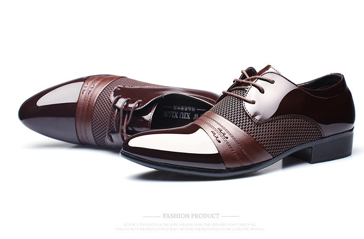 Black and brown men's formal shoes by The Clothing Company Sydney, low-top breathable office shoes with a sleek flat design.