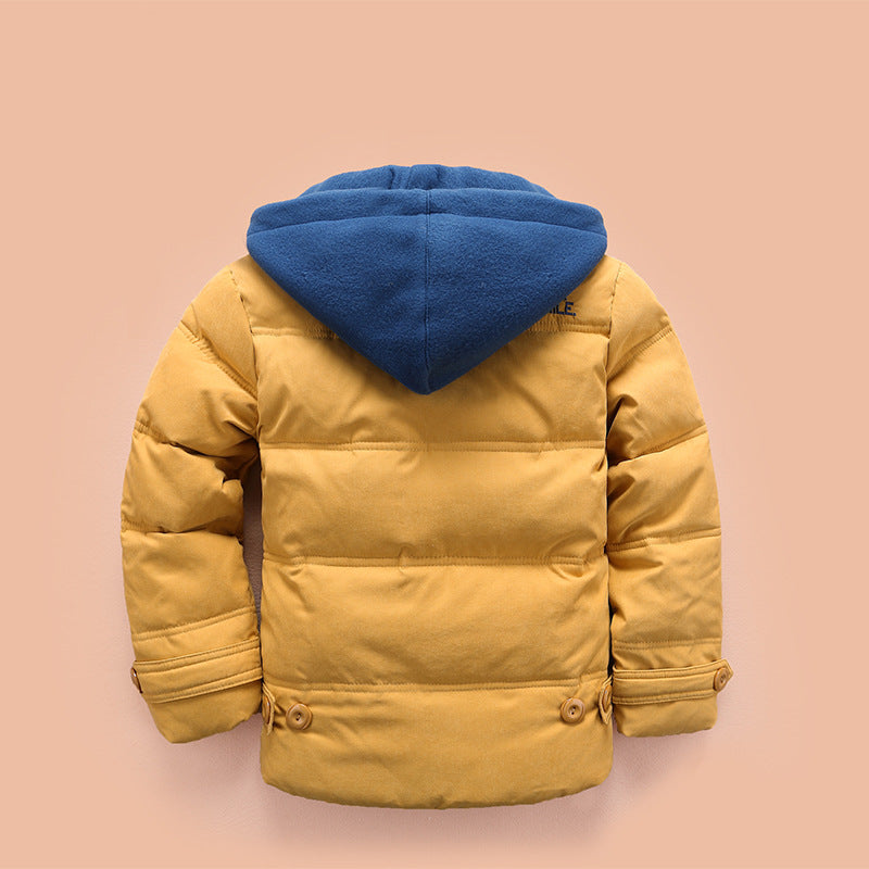 Boys casual warm hooded puffer jacket from The Clothing Company Sydney, featuring a cozy design and front zipper closure.