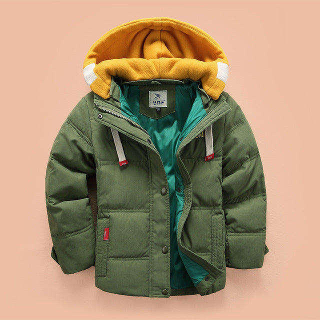 Boys' casual warm hooded puffer jacket from The Clothing Company Sydney, featuring a quilted design and front zipper.
