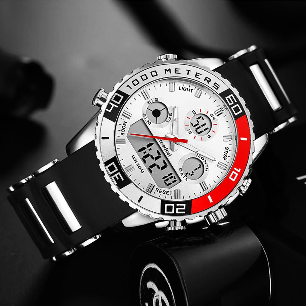 Luxury rubber LED digital men's wrist watch by The Clothing Company Sydney, featuring a sporty army military design with digital display.