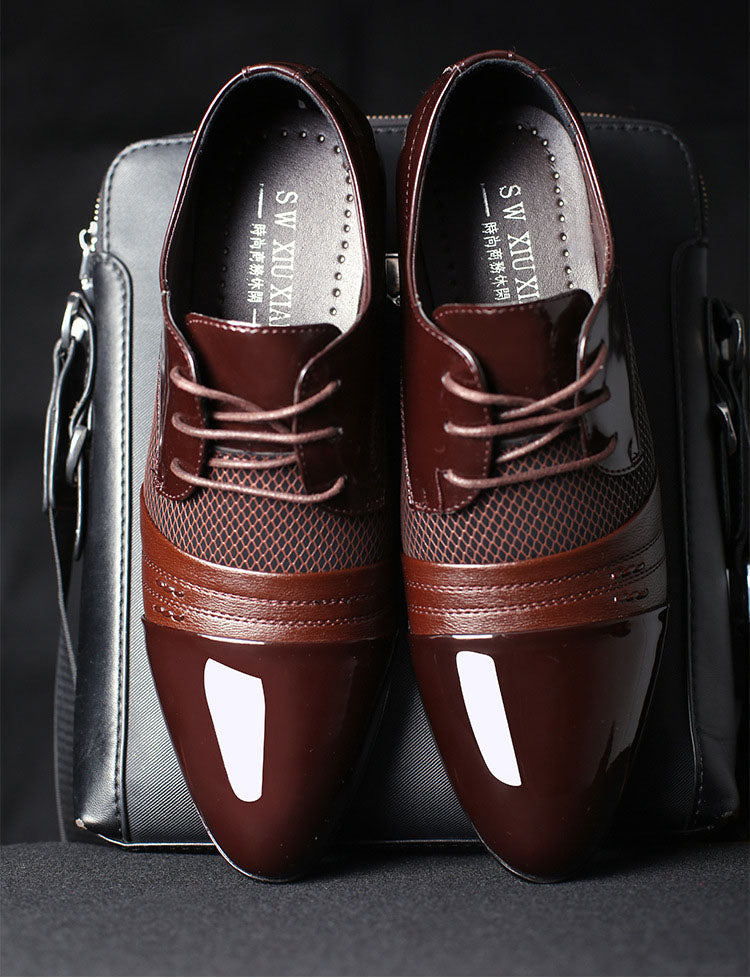 Black and brown breathable low-top men's formal shoes with a sleek flat design, ideal for office and business wear.