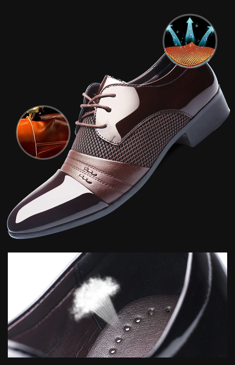 Black and brown breathable low-top men's formal shoes with a sleek design, ideal for office and business attire.