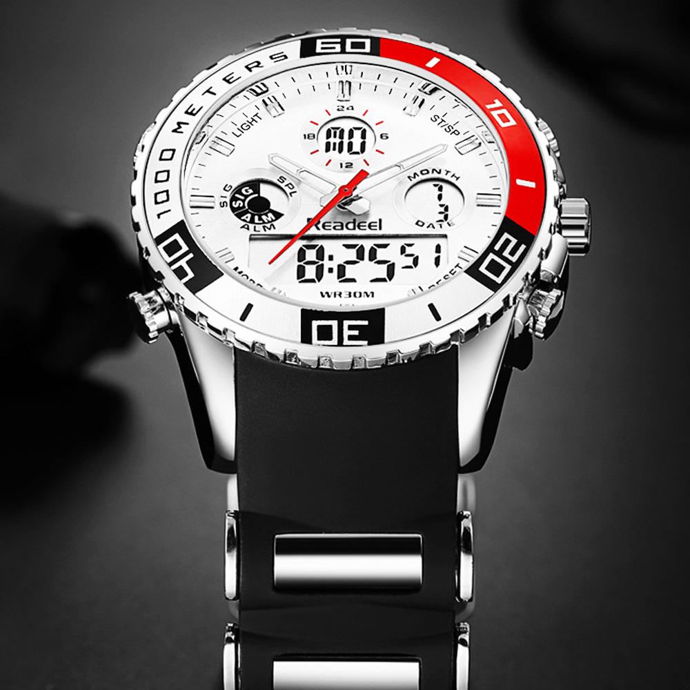Luxury rubber LED digital men's watch with military-style design and digital display, featuring rugged sports aesthetics.