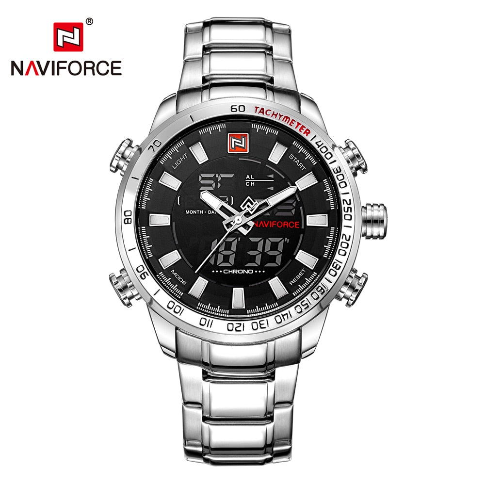 NAVIFORCE men's quartz analog watch with stainless steel strap, waterproof design, luxury fashion sport wristwatch for men.