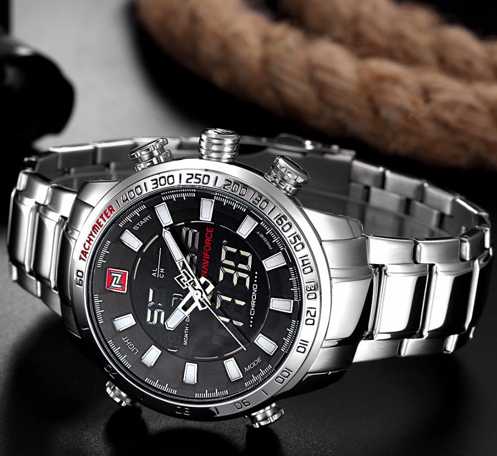 NAVIFORCE men's quartz analog wristwatch with stainless steel case, waterproof design, luxury fashion style for men.