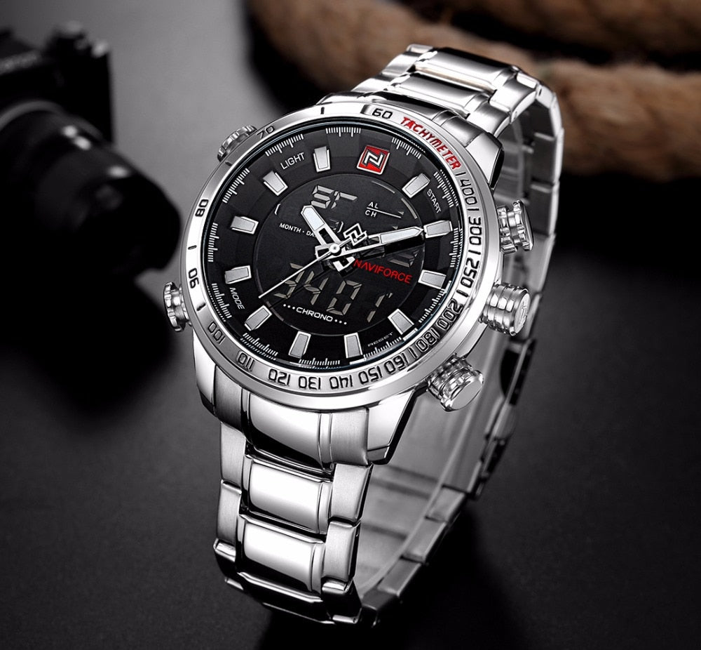 Stainless steel NAVIFORCE men's quartz analog wristwatch with black dial, sporty design, water-resistant, luxury fashion timepiece