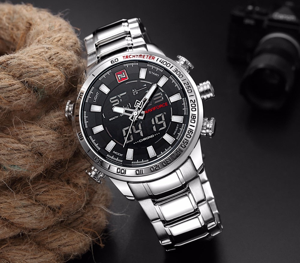 NAVIFORCE men's quartz analog wristwatch with stainless steel band, waterproof design, luxury fashion style, and sporty features.