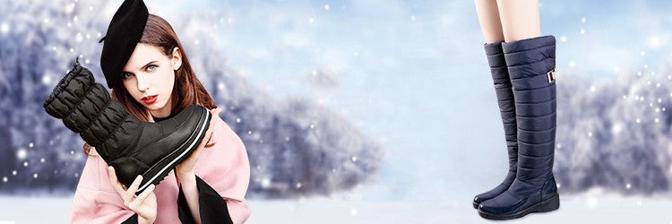 Below knee high snow boots with round toe and soft PU leather from The Clothing Company Sydney, designed for winter footwear.