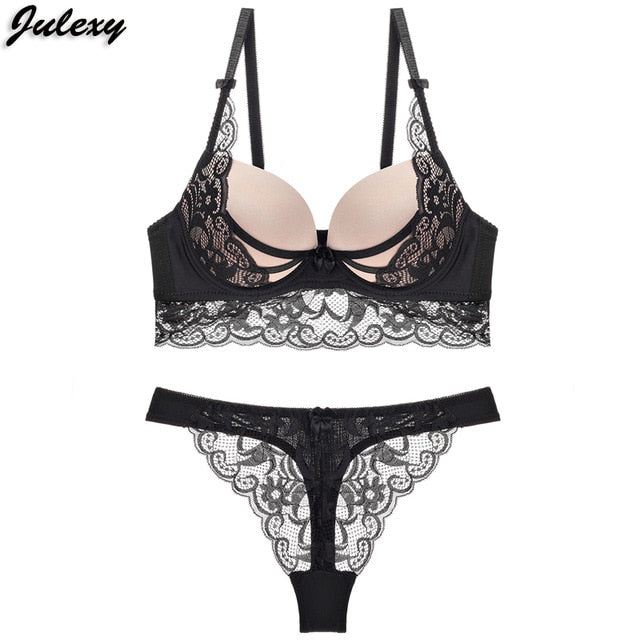 Lace hollow bra and G-string thong lingerie set from The Clothing Company Sydney, featuring delicate lace details and a sexy fit.