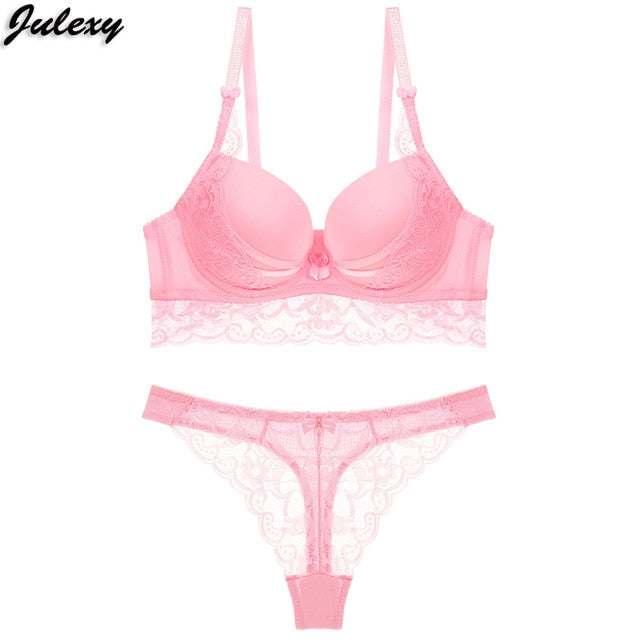 Lingerie set with lace hollow bra and G-string thong from The Clothing Company Sydney, featuring delicate lace details and comfortable fit.