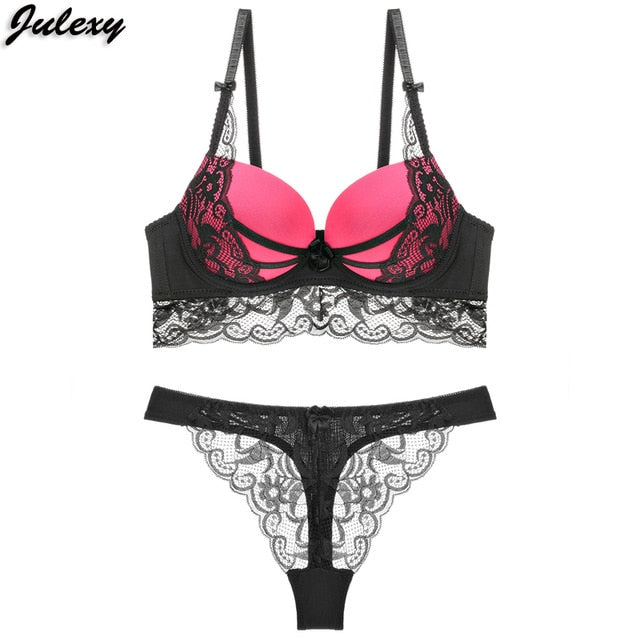 Two-piece lace lingerie set with hollow bra and G-string thong from The Clothing Company Sydney, featuring delicate lace details.