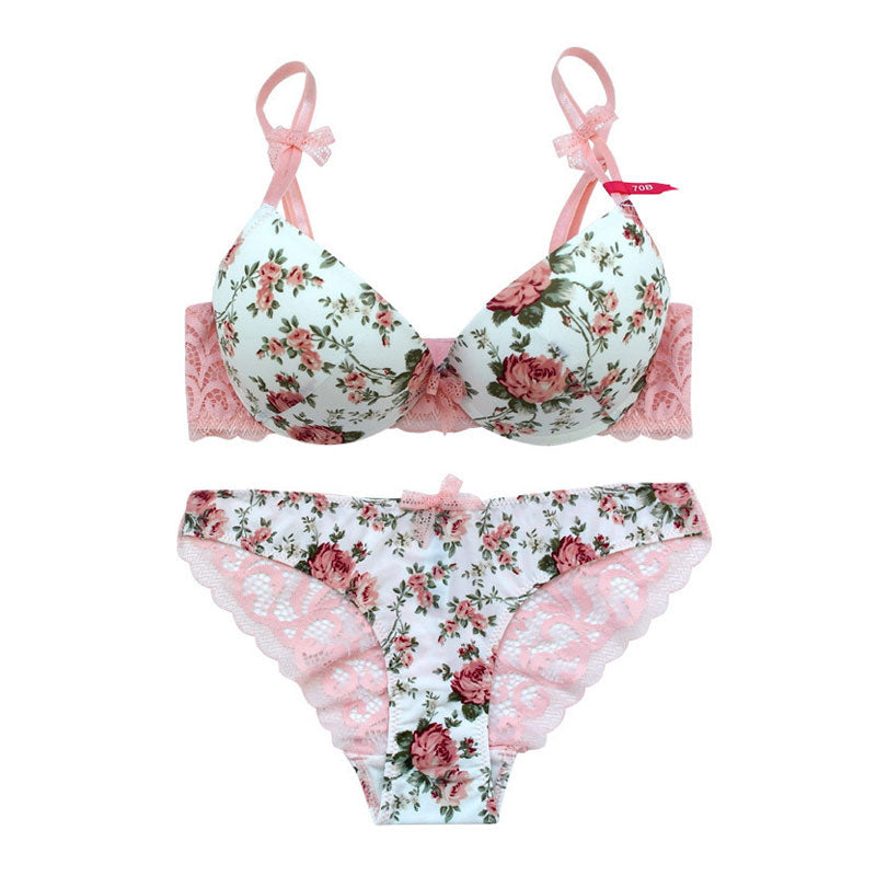 Silk lace floral push-up bra and hollow-out panties set from The Clothing Company Sydney, featuring delicate lace and floral details.