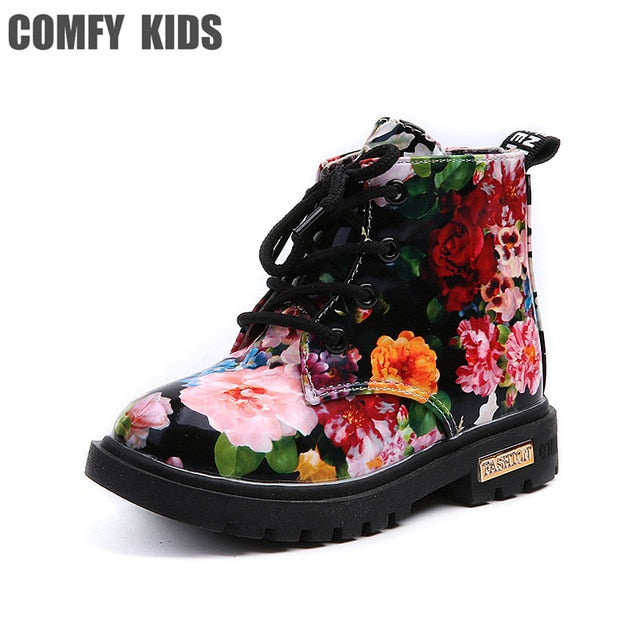 Kids' floral print PU leather shoes and rubber boots for girls by The Clothing Company Sydney, featuring elegant flower designs.