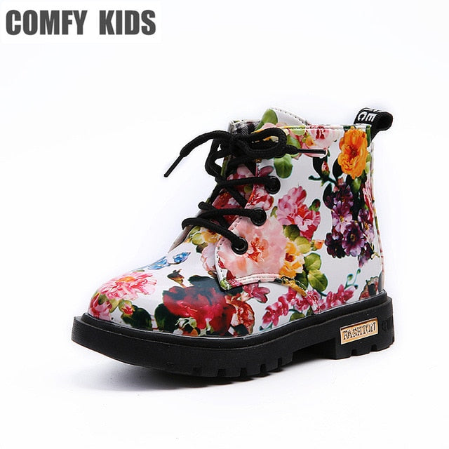Kids' floral print PU leather shoes with rubber soles for girls, featuring an elegant flower design by The Clothing Company Sydney.