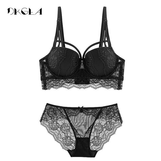 Lace 2-piece push-up bra with 3/4 cups and matching panty lingerie set from The Clothing Company Sydney, featuring deep V design.