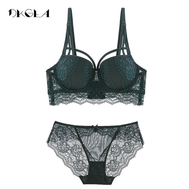 Lace 2-piece push-up bra with 3/4 cups and matching panty from The Clothing Company Sydney, featuring deep V neckline and floral lace details.