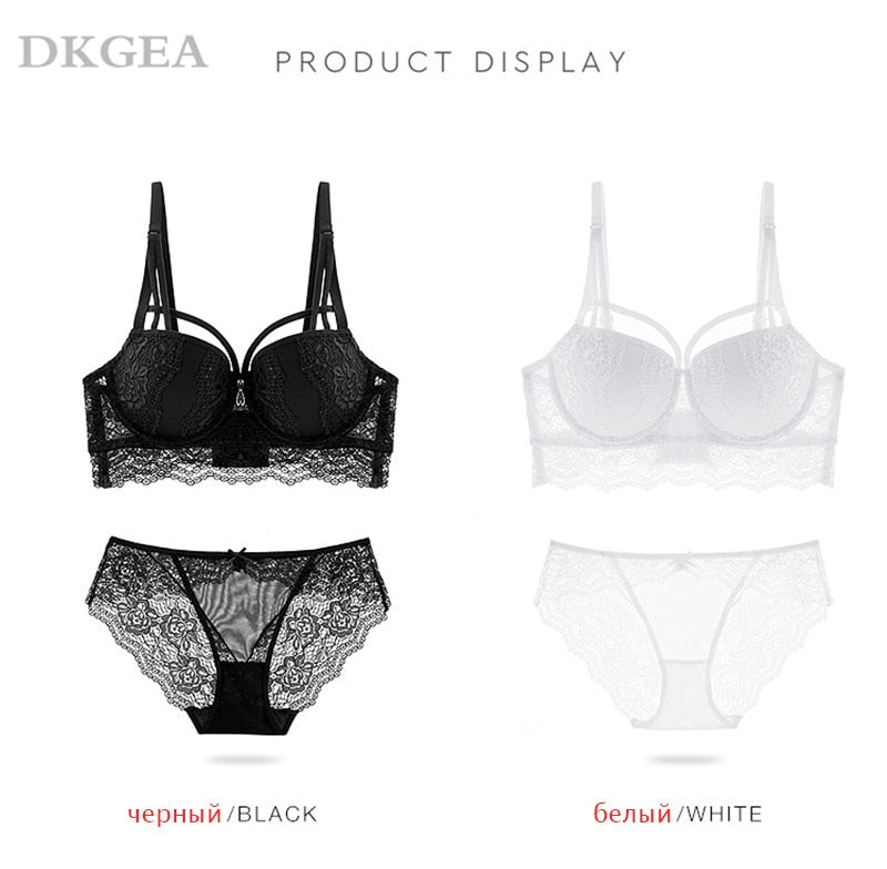 Lace 2-piece push-up bra with 3/4 cups and matching panty lingerie set from The Clothing Company Sydney, featuring deep V neckline.