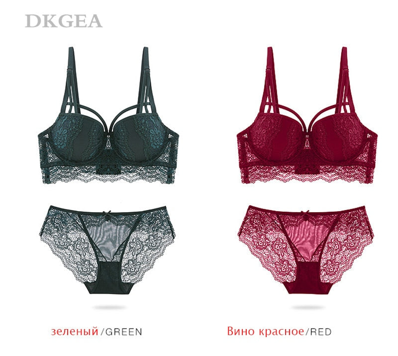 Lace 2-piece push-up bra and panty lingerie set with 3/4 cups and deep V design, from The Clothing Company Sydney.