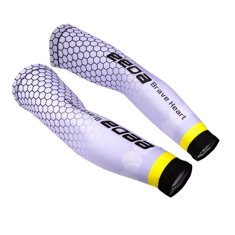 Black cycling and sports arm sleeves with UV sun protection, designed for running, volleyball, basketball, and football.