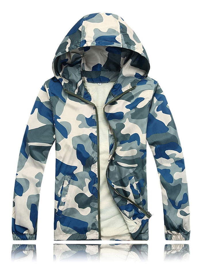Camouflage men's hooded windcheater jacket from The Clothing Company Sydney, showcasing a lightweight, hooded top with camouflage pattern.
