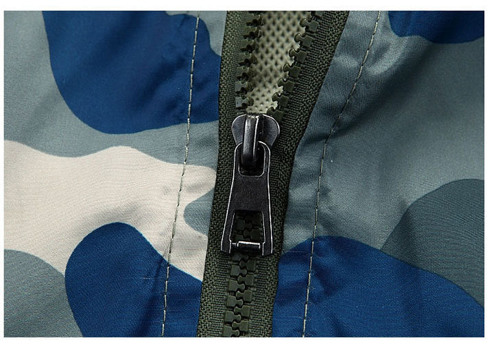 Camouflage men's hooded windcheater jacket from The Clothing Company Sydney, featuring a lightweight design and adjustable hood.
