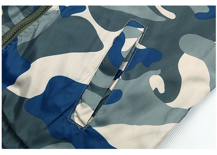 Camouflage men's hooded windcheater jacket from The Clothing Company Sydney, showing front view with adjustable hood and zip closure.