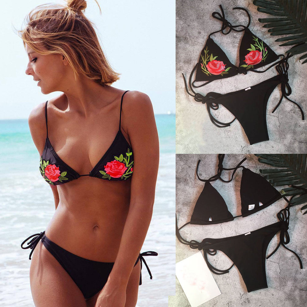 Floral embroidered push-up padded bikini swimsuit with beachwear style, featuring vibrant floral details and supportive design.
