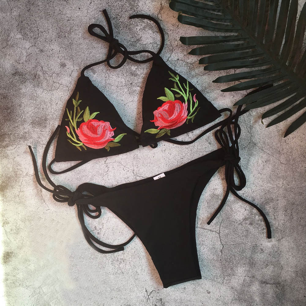Floral embroidered push-up padded bikini swimsuit with beachwear style, featuring vibrant floral embroidery and supportive design.
