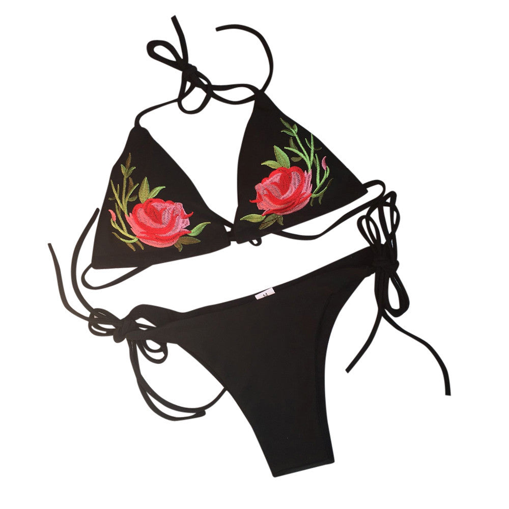 Floral embroidered push-up padded bikini swimsuit by The Clothing Company Sydney, featuring vibrant floral embroidery and supportive design.
