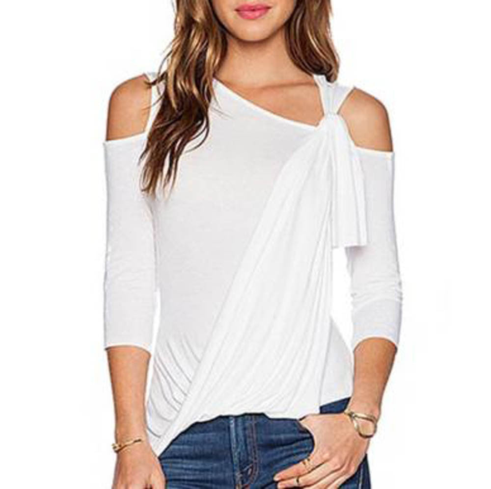 Casual loose fit top with cut out shoulders and 3/4 sleeves from The Clothing Company Sydney, featuring an asymmetric design.
