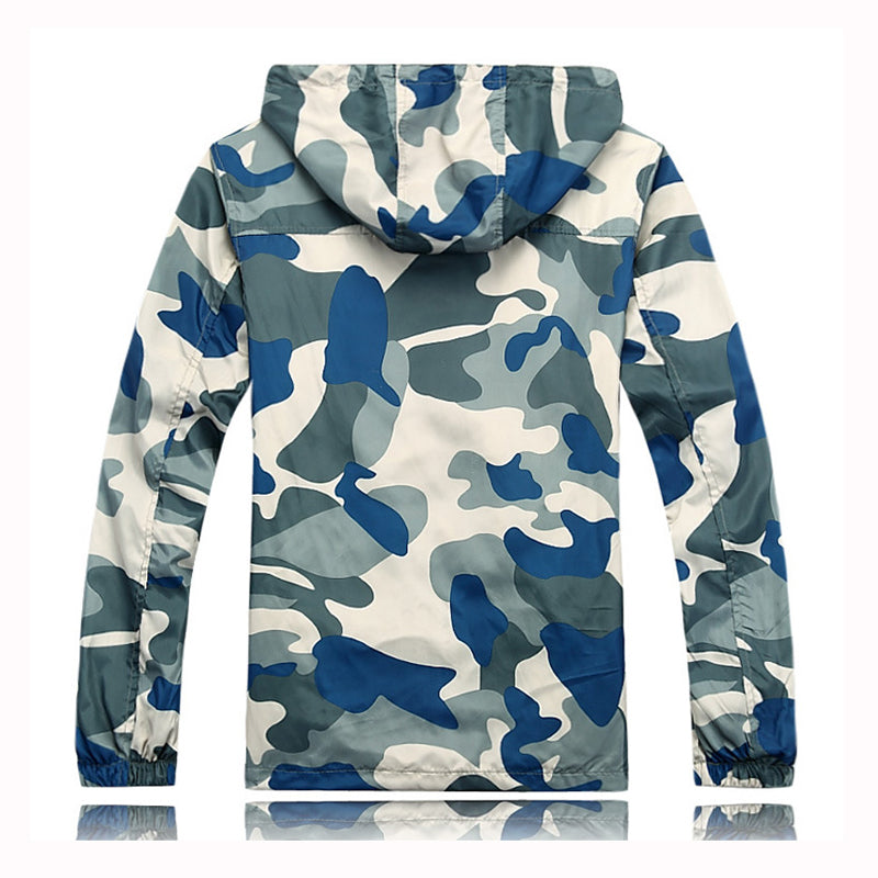 Camouflage men's hooded windcheater jacket from The Clothing Company Sydney, showing front view with zip closure and hood.