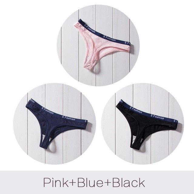 Three-pack of G-string cotton mix panties featuring T-back, seamless, low-rise bikini briefs from The Clothing Company Sydney.