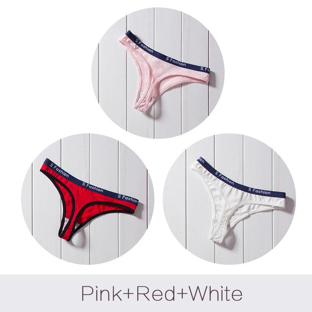 Three-pack of G-string cotton mix panties by The Clothing Company Sydney featuring T-back, seamless, low-rise, and transparent briefs.
